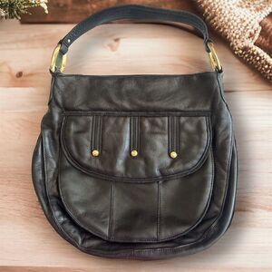 Sigrid Olsen Black Soft Leather Hobo Handbag Gold Hardware Magnetic Closure